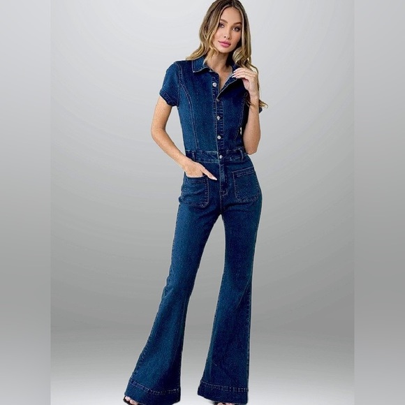 Denim Wash Bell Bottom Pants Jumpsuit main image 1